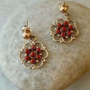 Vintage Zuni Native American Handcrafted 14K Red Coral Earrings